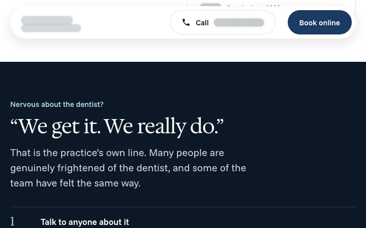 A dental practice website we built, with a Call button and a Book online button in the header above the practice's own line for nervous patients
