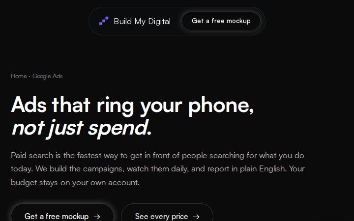 The live hero section of Build My Digital's Google Ads service page