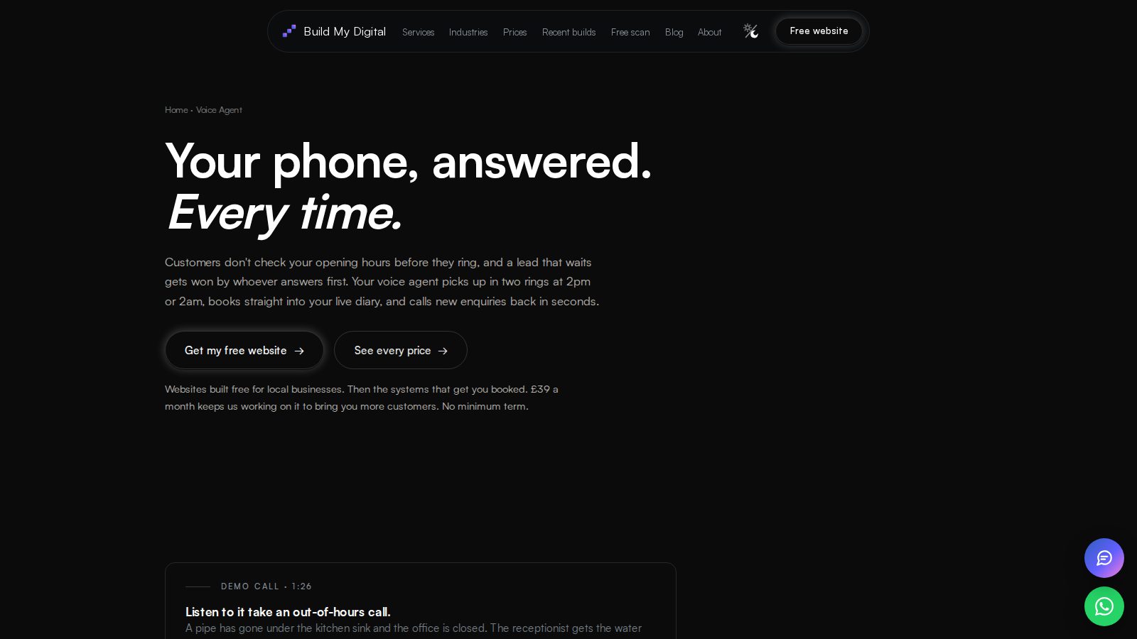 The live hero section of Build My Digital's voice agent page, headed "Your phone, answered. Every time."